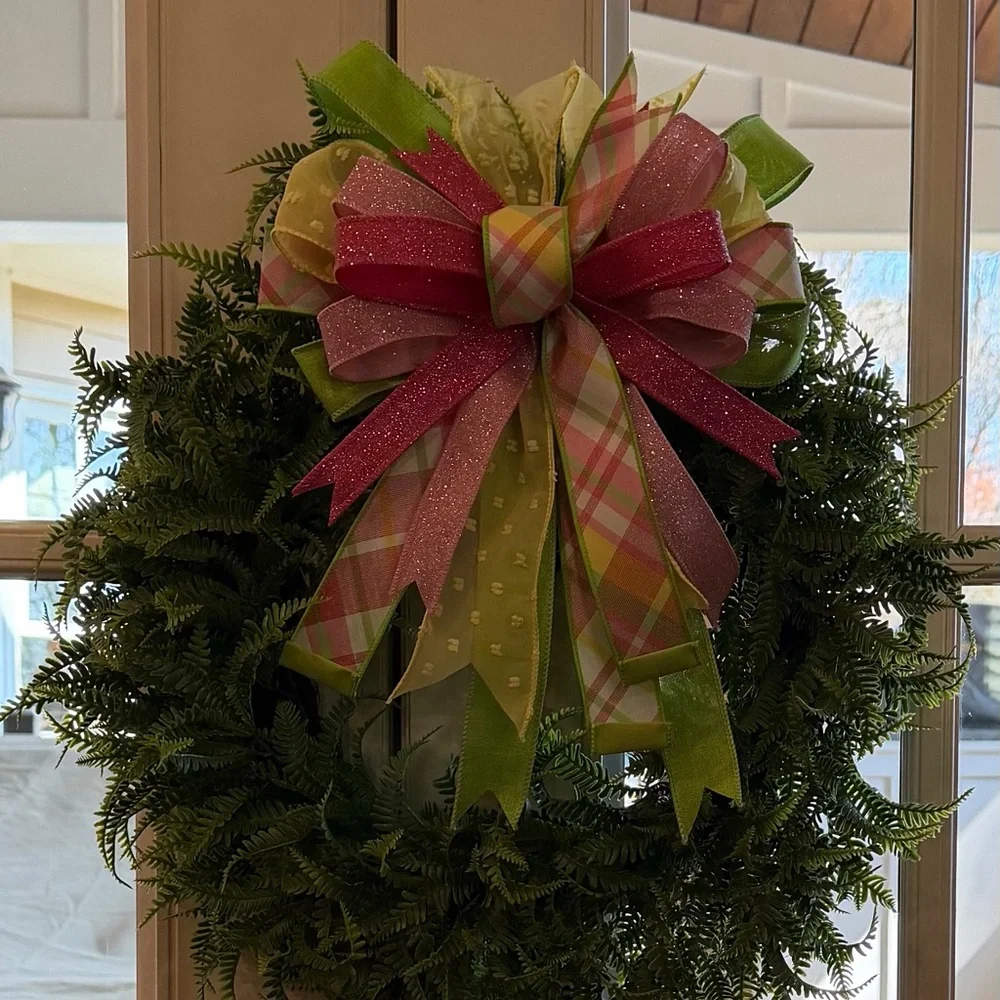 Green Faux Fern Wreath with Pink & Pastel Plaid Bow